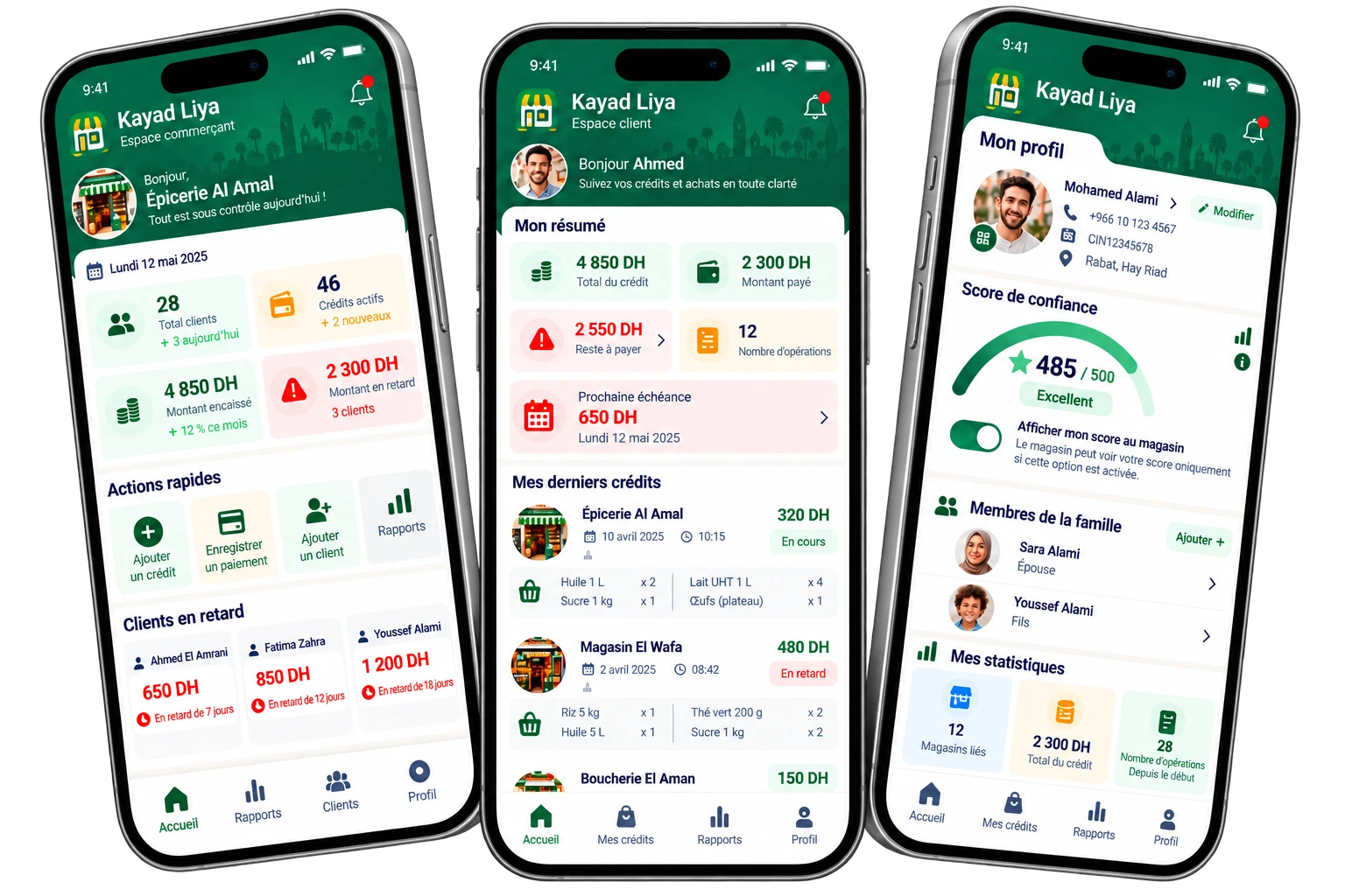 Écrans de l'application Kayad Liya : espace commerçant, espace client et profil